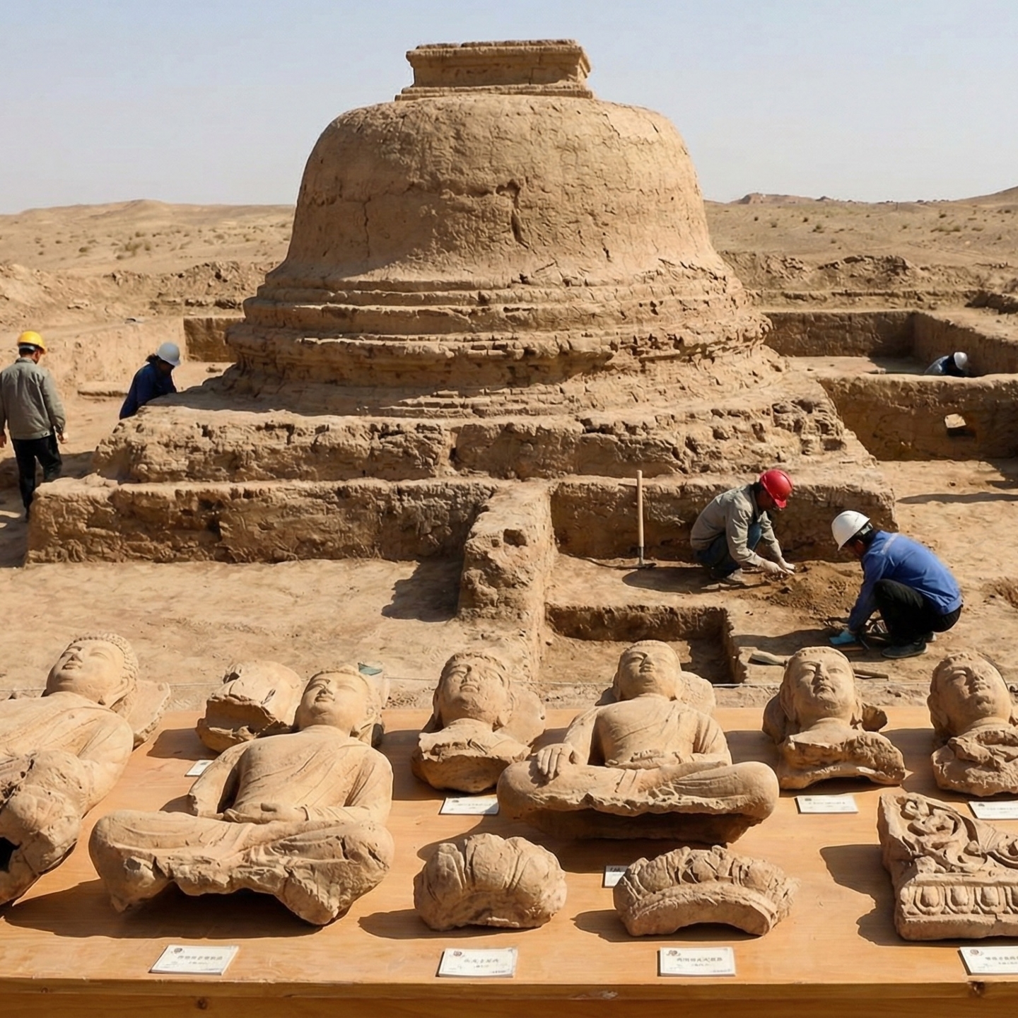 莫爾寺出土的石膏佛像殘片與唐代錢幣,展現了犍陀羅藝術與中原文化的交融。